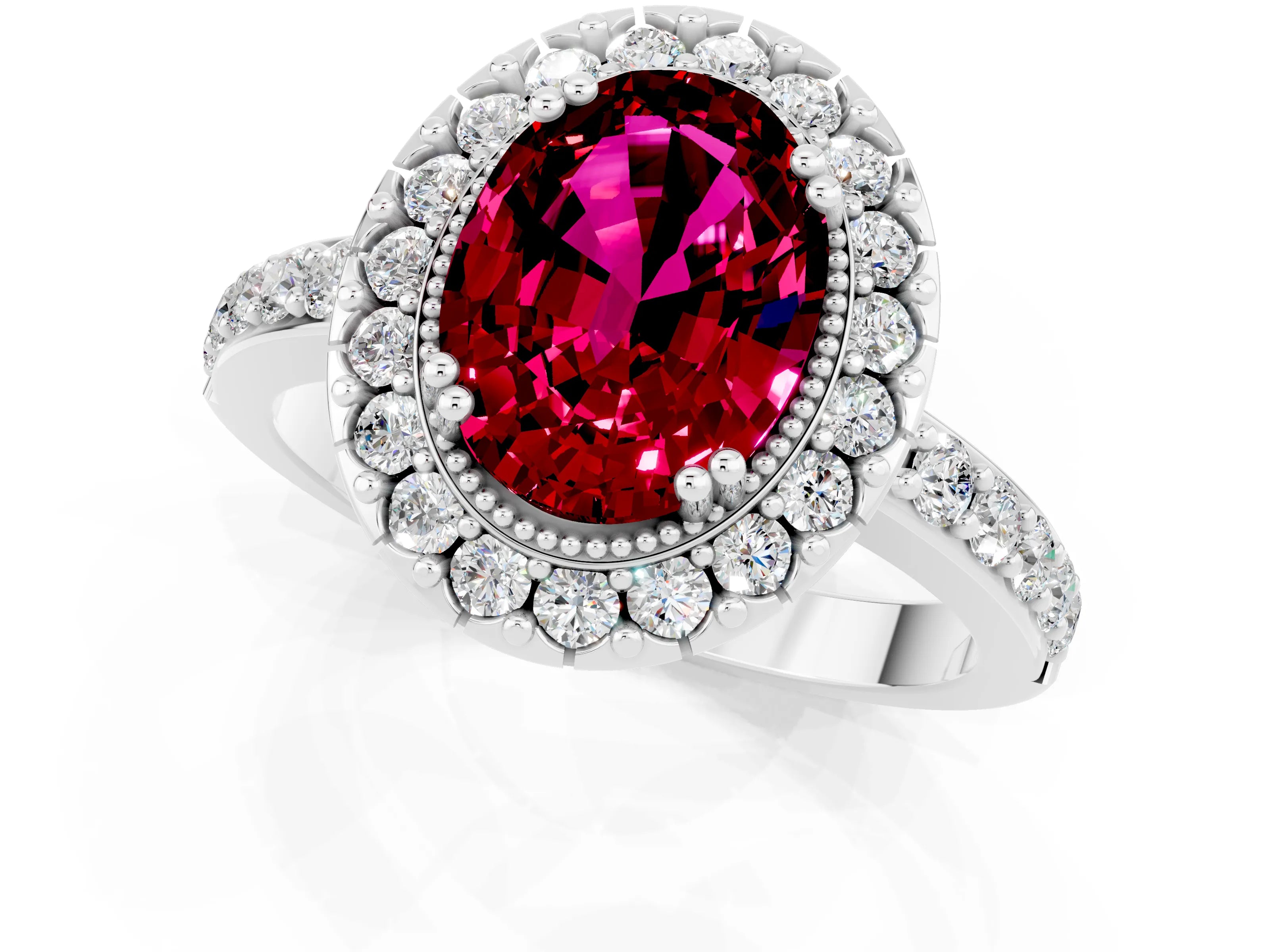 White gold Oval Cut Diamond Halo Ring with Pavé Band and Prong Setting_1