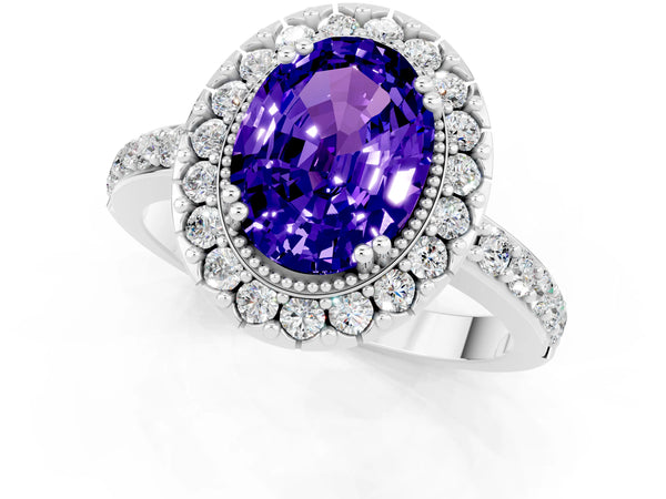 Silver Oval Cut Tanzanite Halo Ring with Pavé Band and Prong Setting