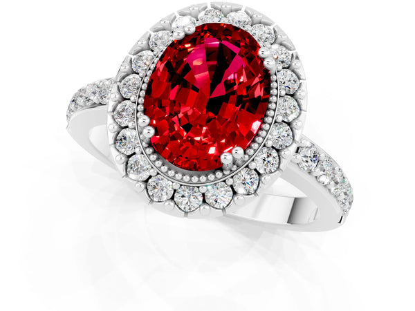 White gold Oval Cut Ruby Halo Ring with Pavé Band and Prong Setting