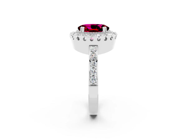 Platinum Oval Cut Garnet Halo Ring with Pavé Band and Prong Setting