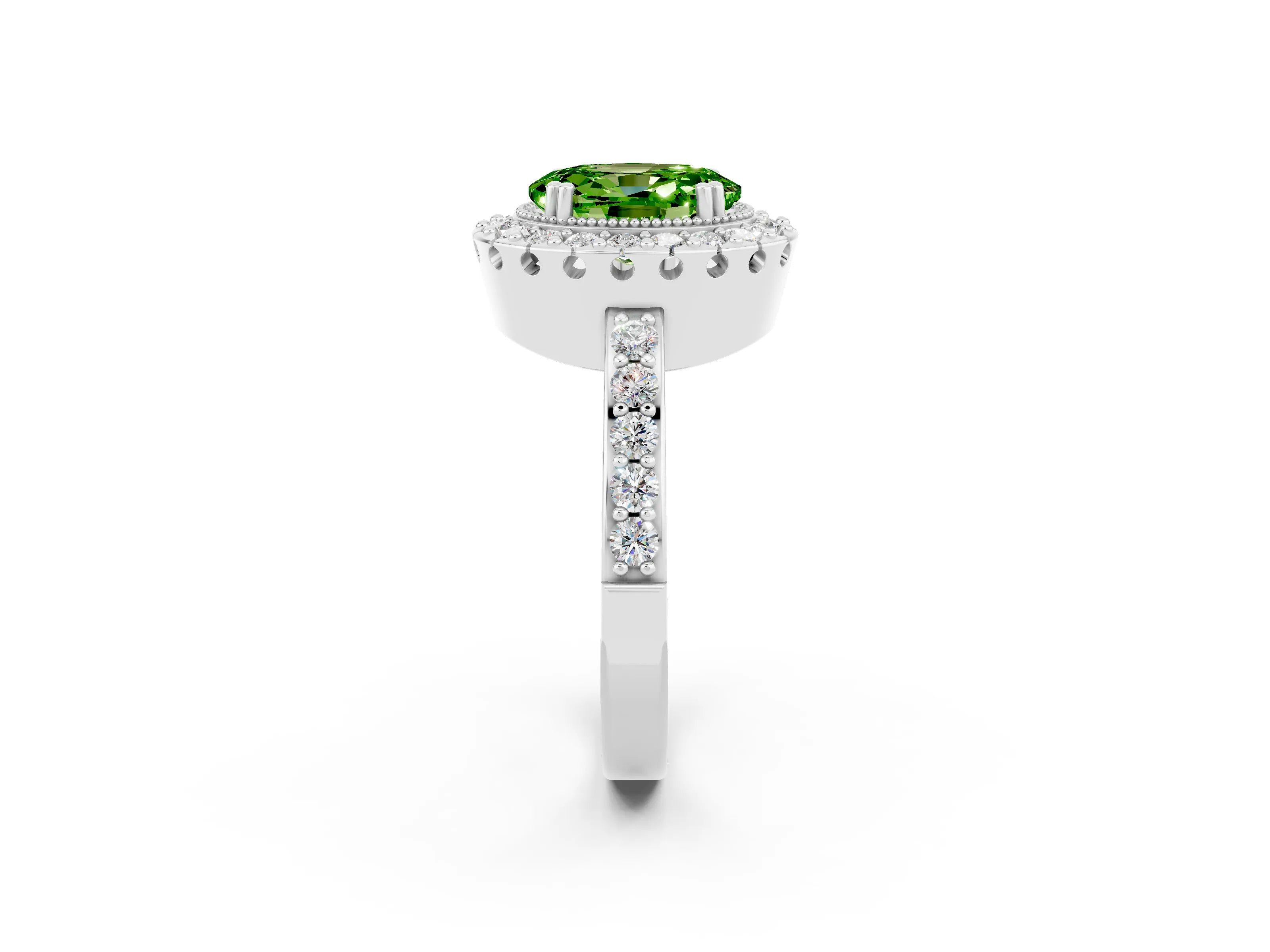 White gold Oval Cut Diamond Halo Ring with Pavé Band and Prong Setting_2