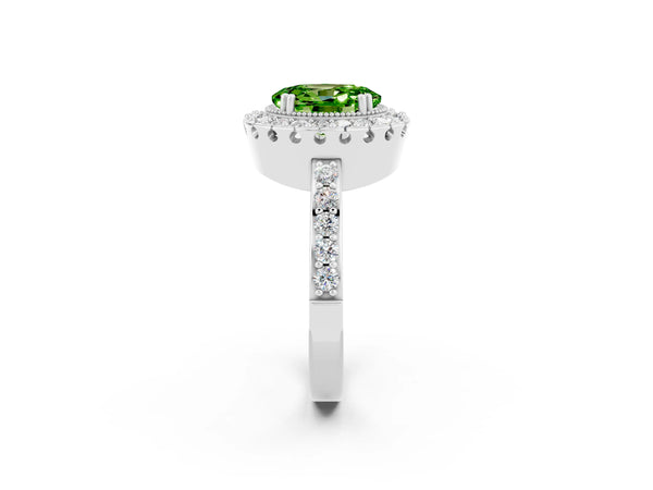 Platinum Oval Cut Peridot Halo Ring with Pavé Band and Prong Setting