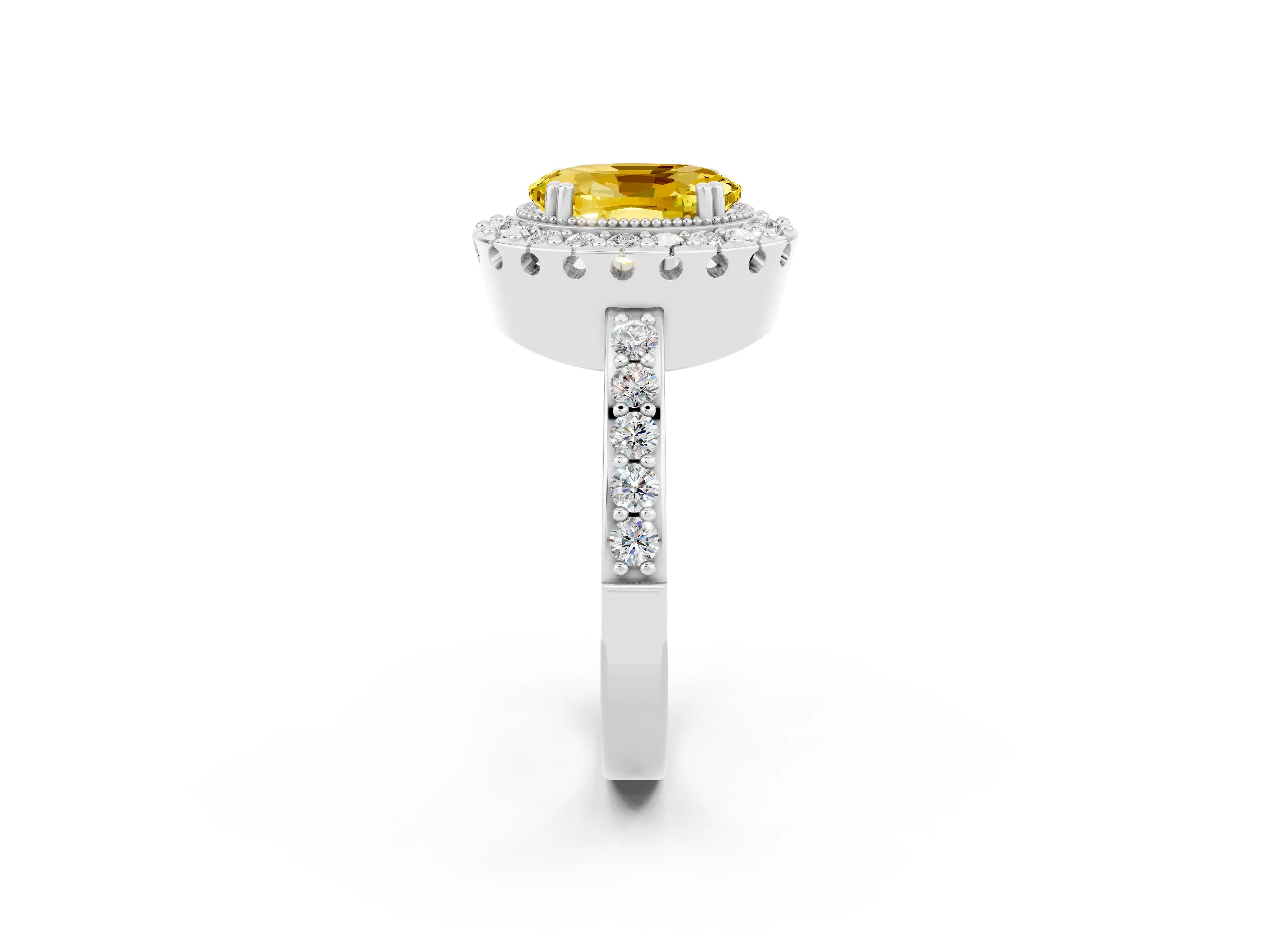 White gold Oval Cut Diamond Halo Ring with Pavé Band and Prong Setting_2