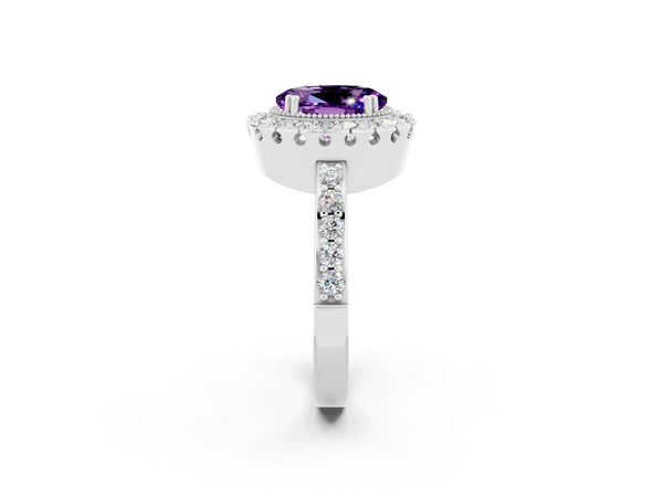 Silver Oval Cut Amethyst Halo Ring with Pavé Band and Prong Setting