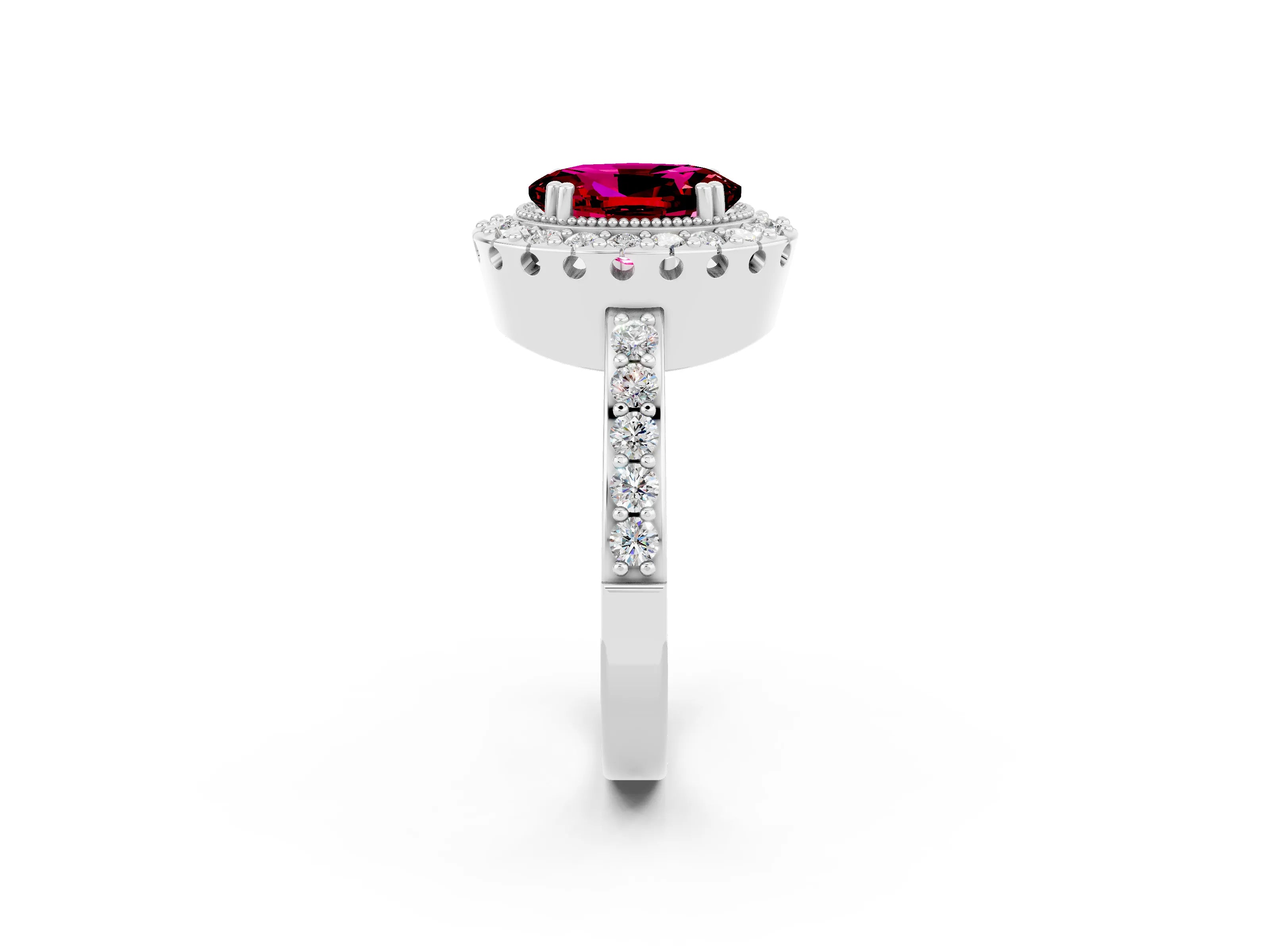 White gold Oval Cut Diamond Halo Ring with Pavé Band and Prong Setting_2