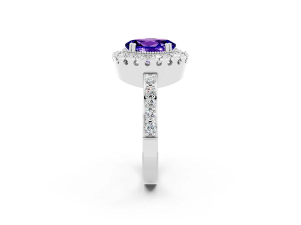 White gold Oval Cut Tanzanite Halo Ring with Pavé Band and Prong Setting