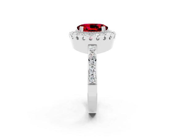White gold Oval Cut Ruby Halo Ring with Pavé Band and Prong Setting