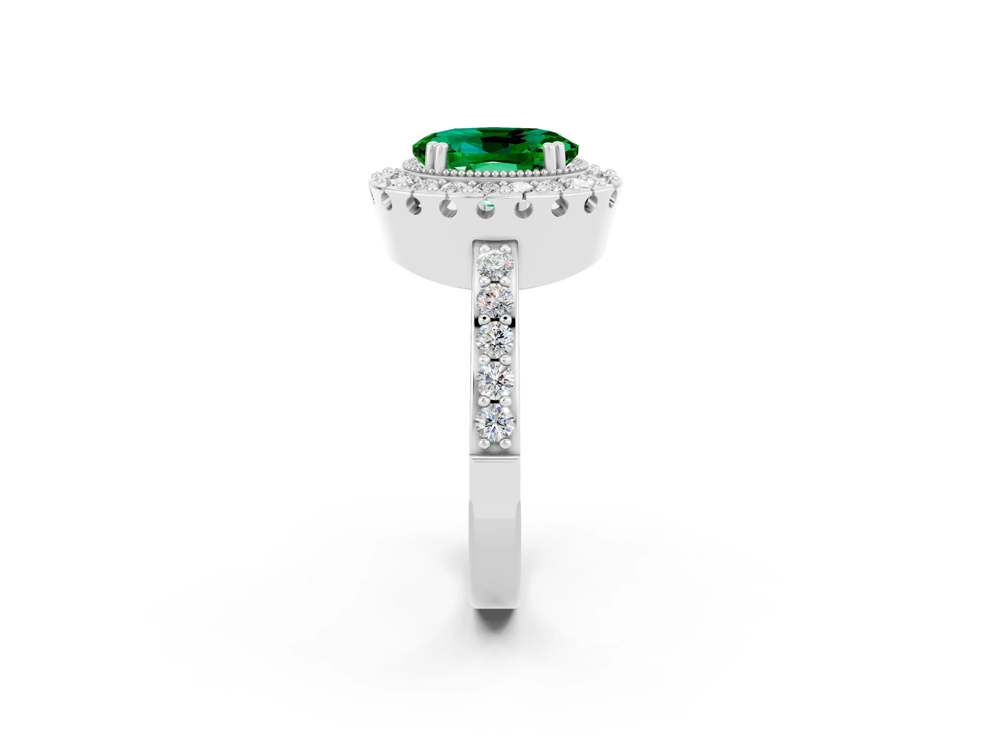 White gold Oval Cut Diamond Halo Ring with Pavé Band and Prong Setting_2