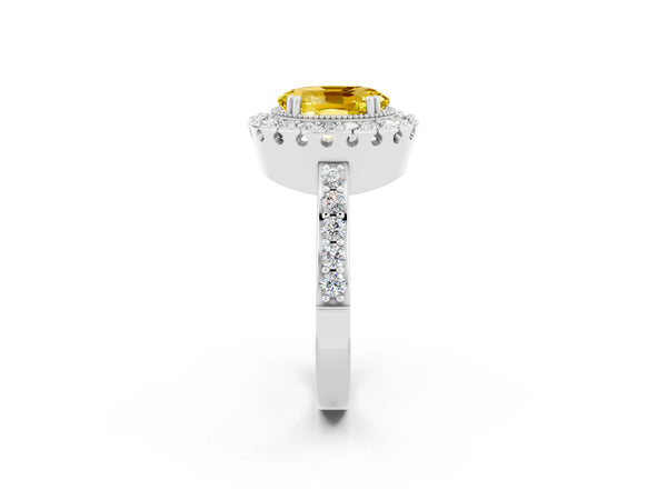 White gold Oval Cut Yellow Sapphire Halo Ring with Pavé Band and Prong Setting