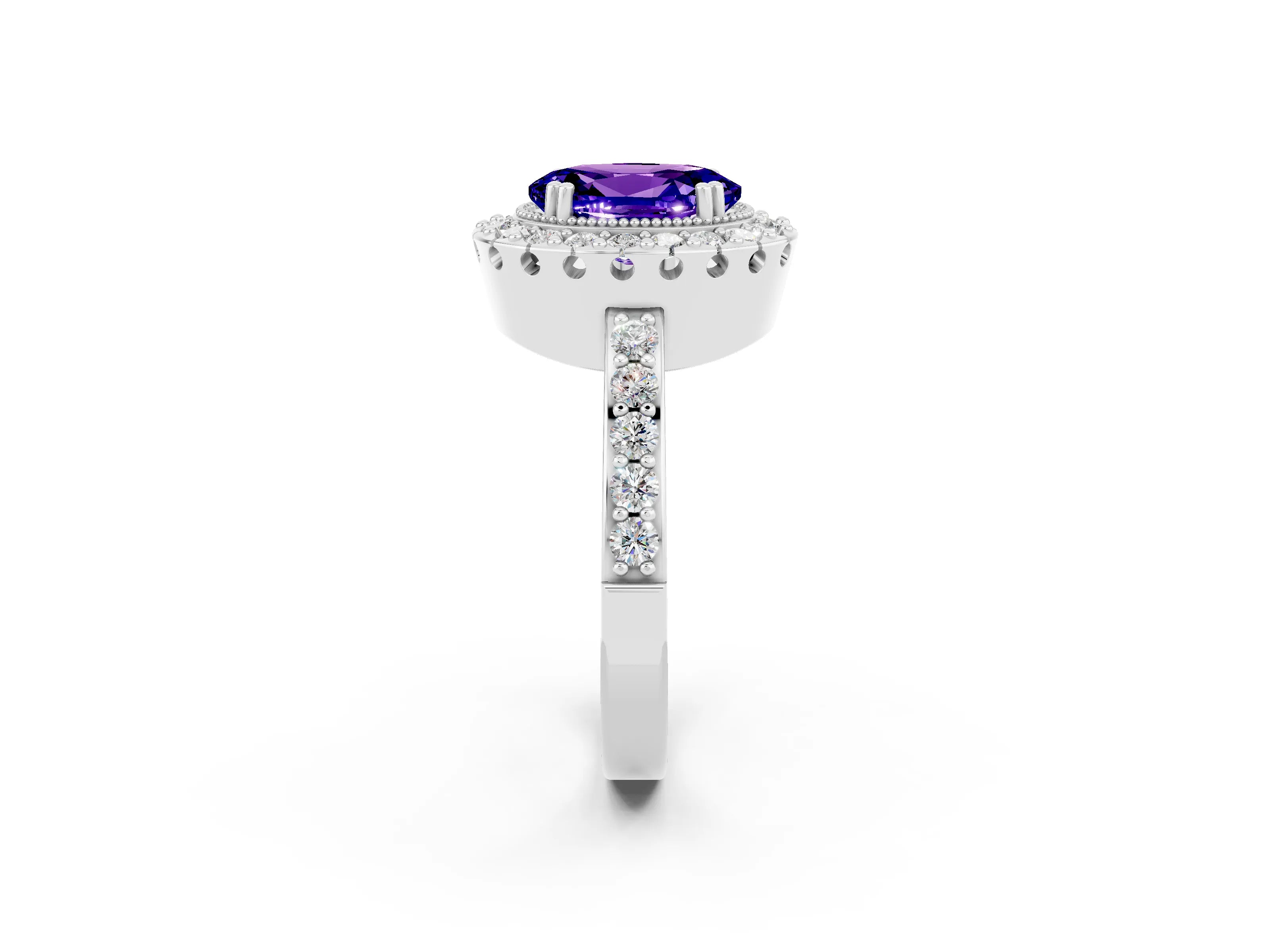 White gold Oval Cut Diamond Halo Ring with Pavé Band and Prong Setting_2