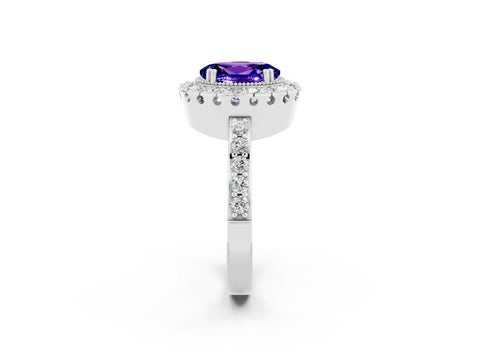 White gold Oval Cut Diamond Halo Ring with Pavé Band and Prong Setting_2