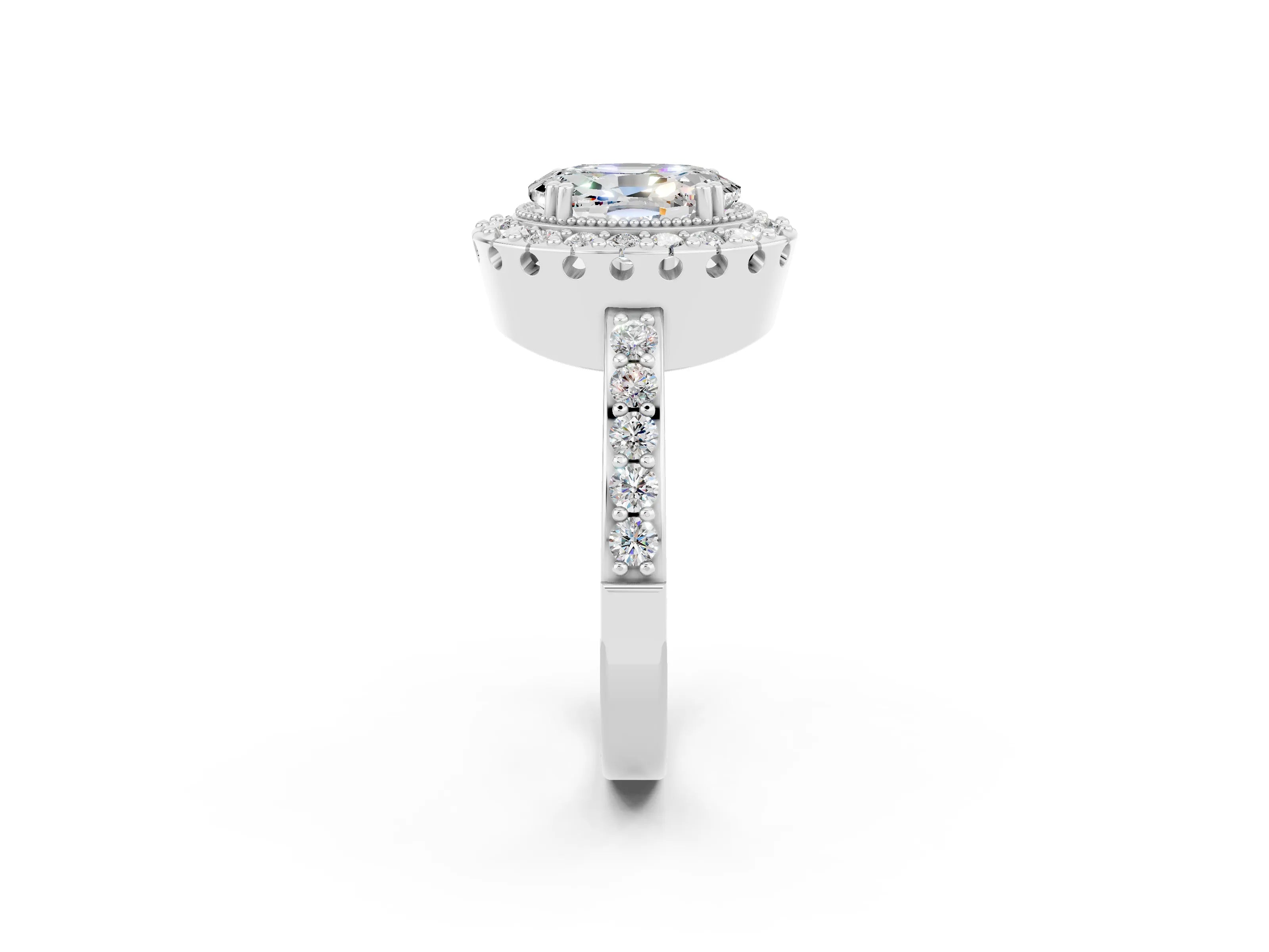 White gold Oval Cut Diamond Halo Ring with Pavé Band and Prong Setting_2