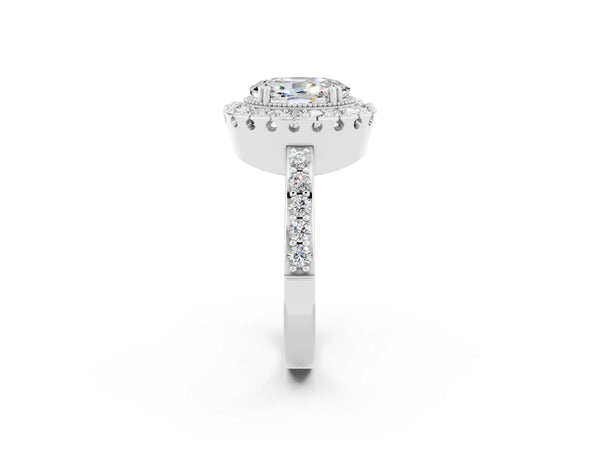 Silver Oval Cut Moissanite Halo Ring with Pavé Band and Prong Setting