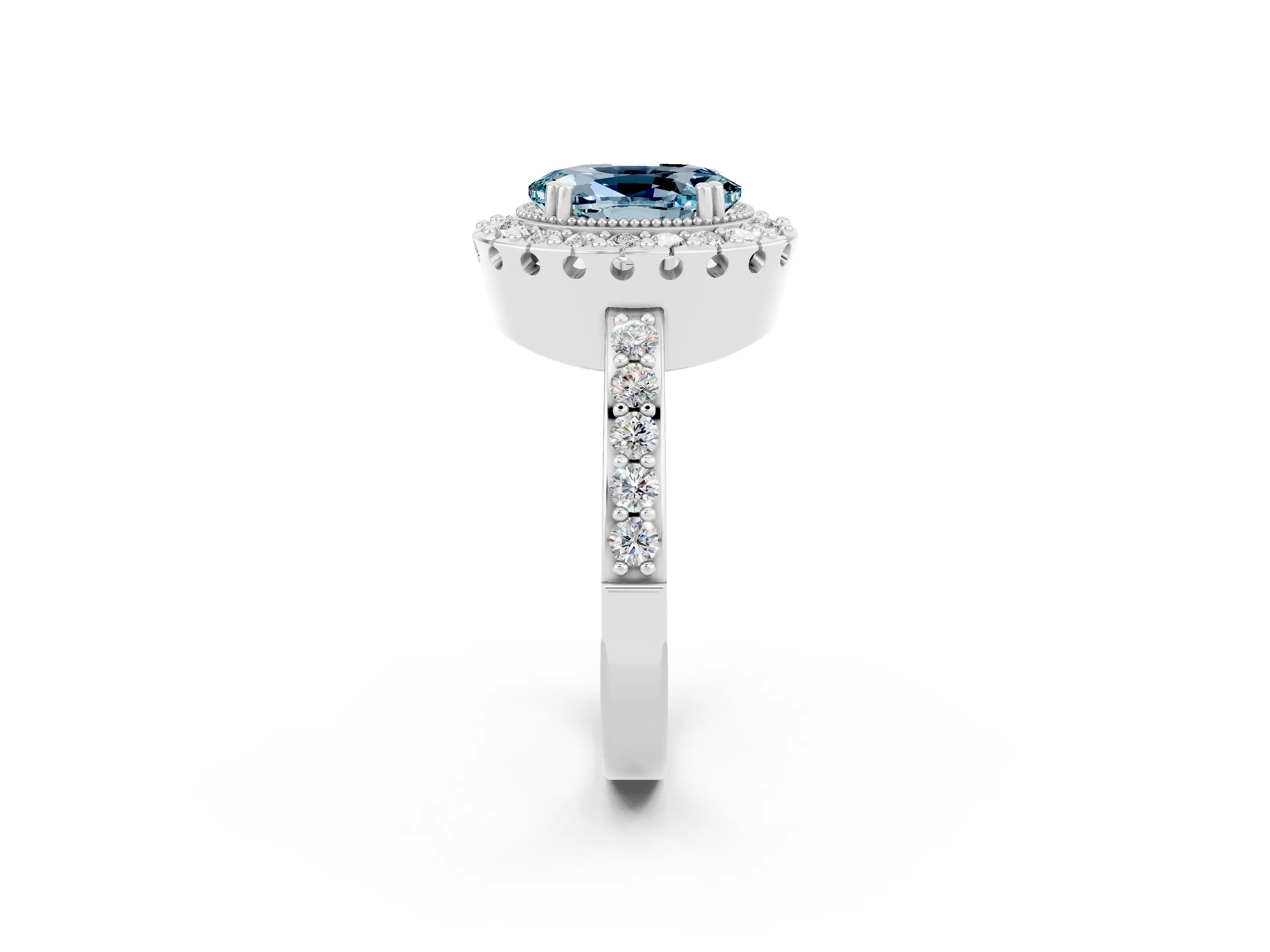 White gold Oval Cut Diamond Halo Ring with Pavé Band and Prong Setting_2