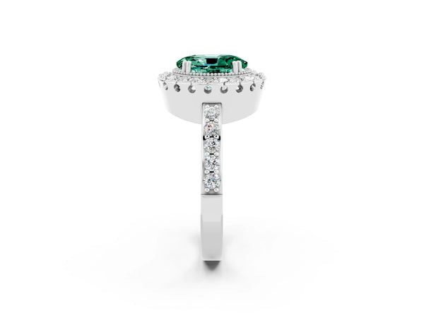 Silver Oval Cut Green Sapphire Halo Ring with Pavé Band and Prong Setting