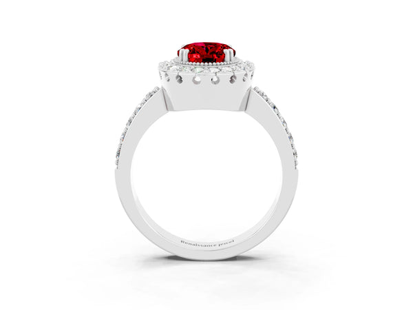 White gold Oval Cut Ruby Halo Ring with Pavé Band and Prong Setting