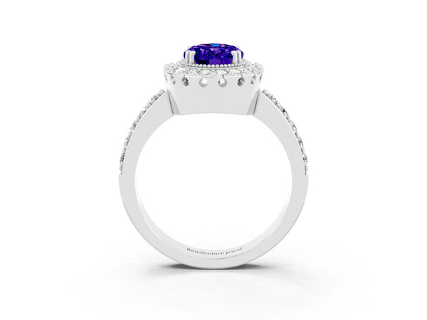 Platinum Oval Cut Tanzanite Halo Ring with Pavé Band and Prong Setting