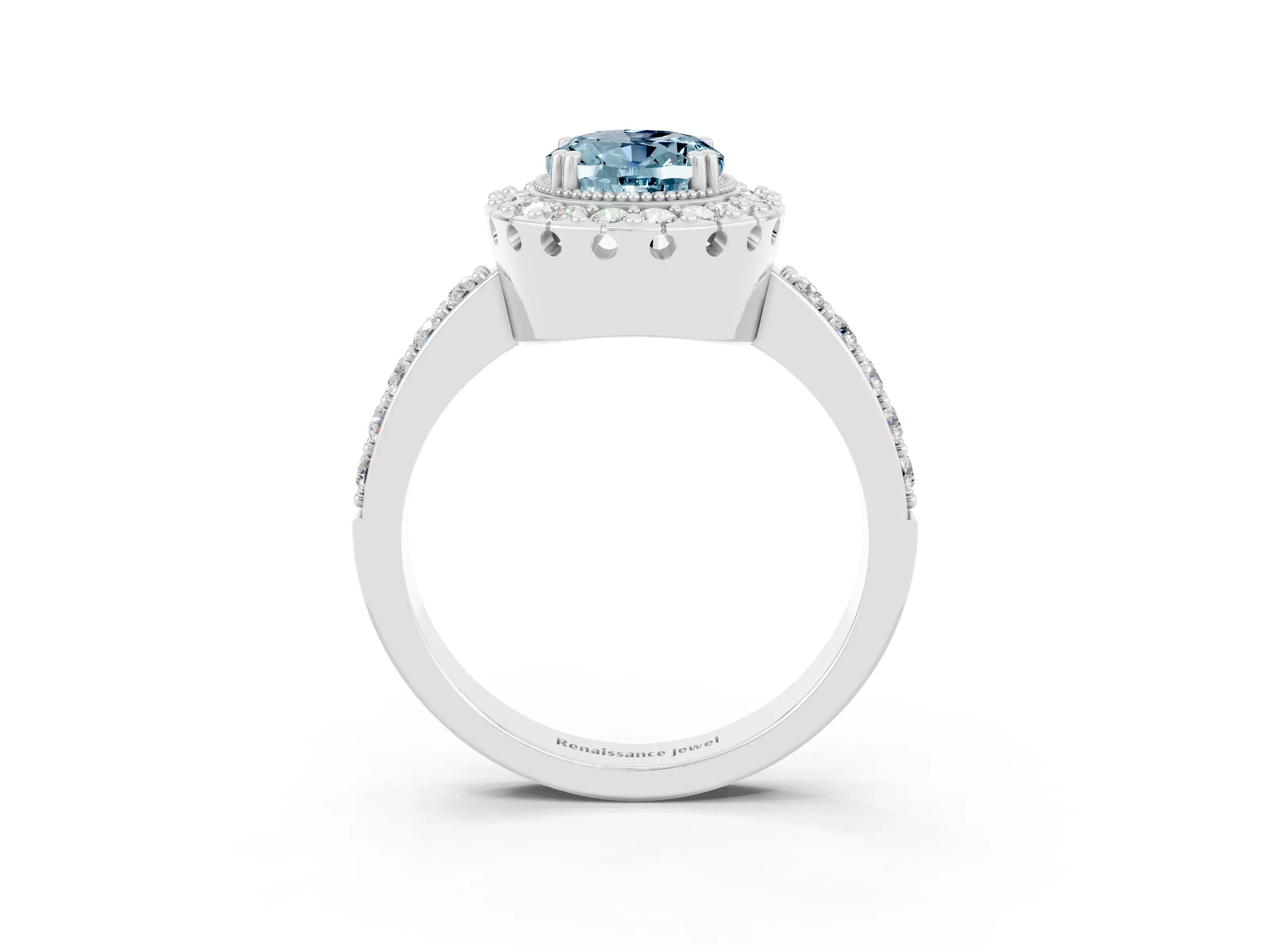 White gold Oval Cut Diamond Halo Ring with Pavé Band and Prong Setting_3