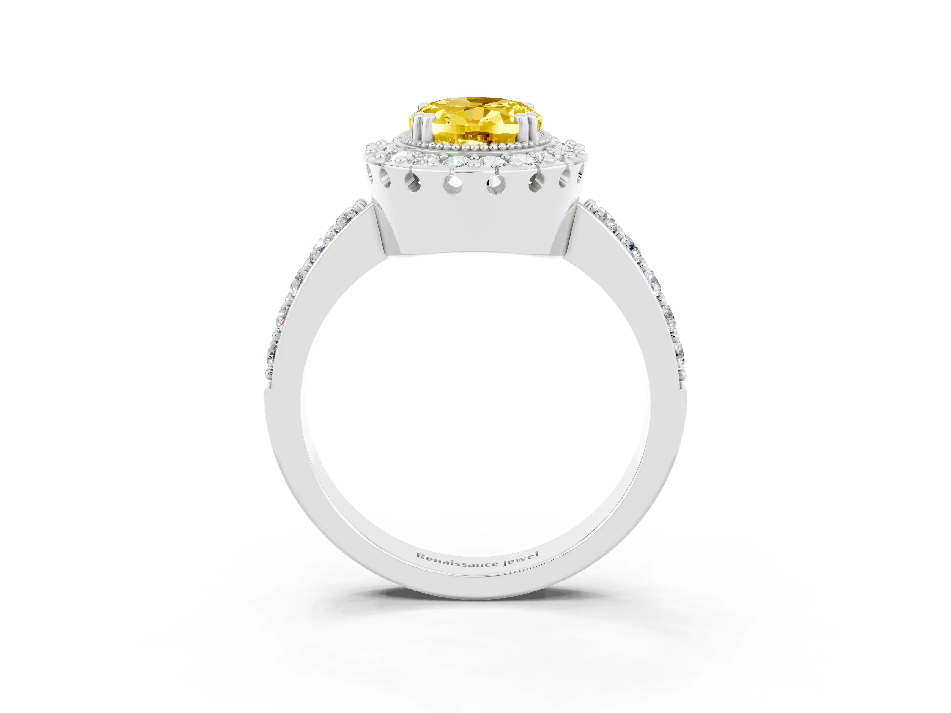 White gold Oval Cut Diamond Halo Ring with Pavé Band and Prong Setting_3