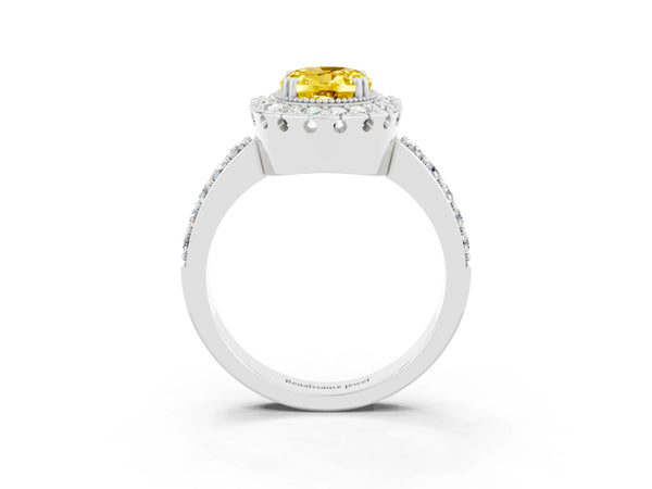 Silver Oval Cut Yellow Sapphire Halo Ring with Pavé Band and Prong Setting