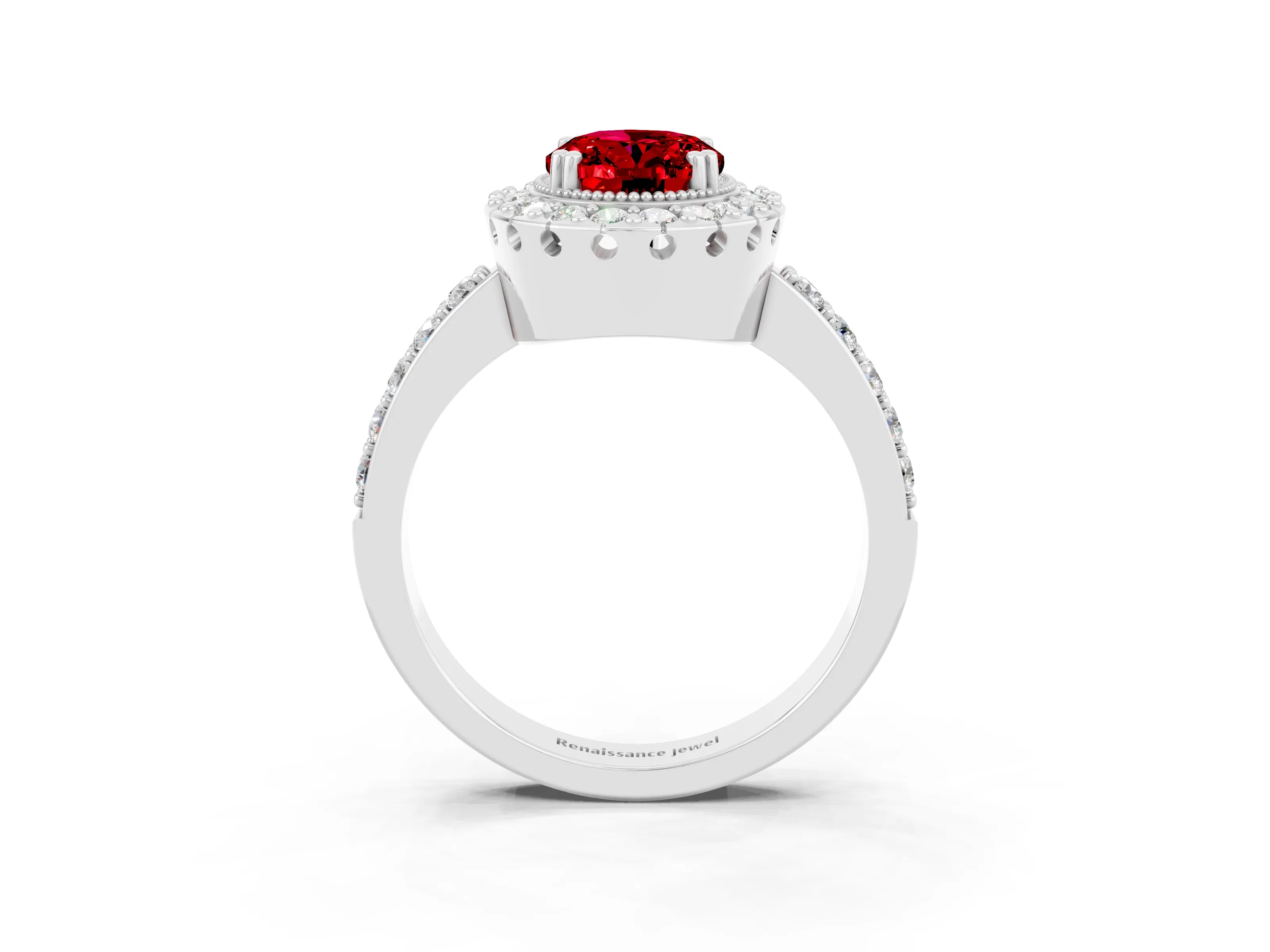 White gold Oval Cut Diamond Halo Ring with Pavé Band and Prong Setting_3