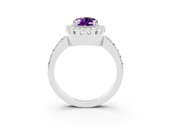 Silver Oval Cut Amethyst Halo Ring with Pavé Band and Prong Setting