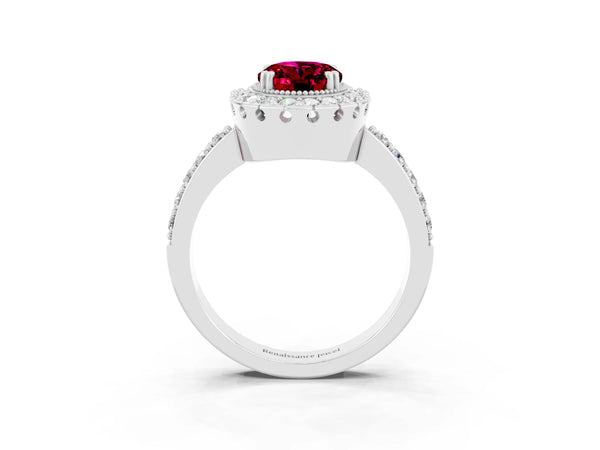 Silver Oval Cut Garnet Halo Ring with Pavé Band and Prong Setting