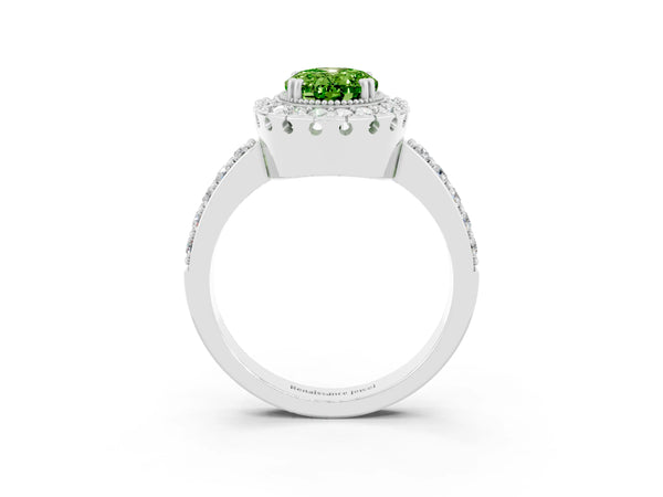 White gold Oval Cut Peridot Halo Ring with Pavé Band and Prong Setting