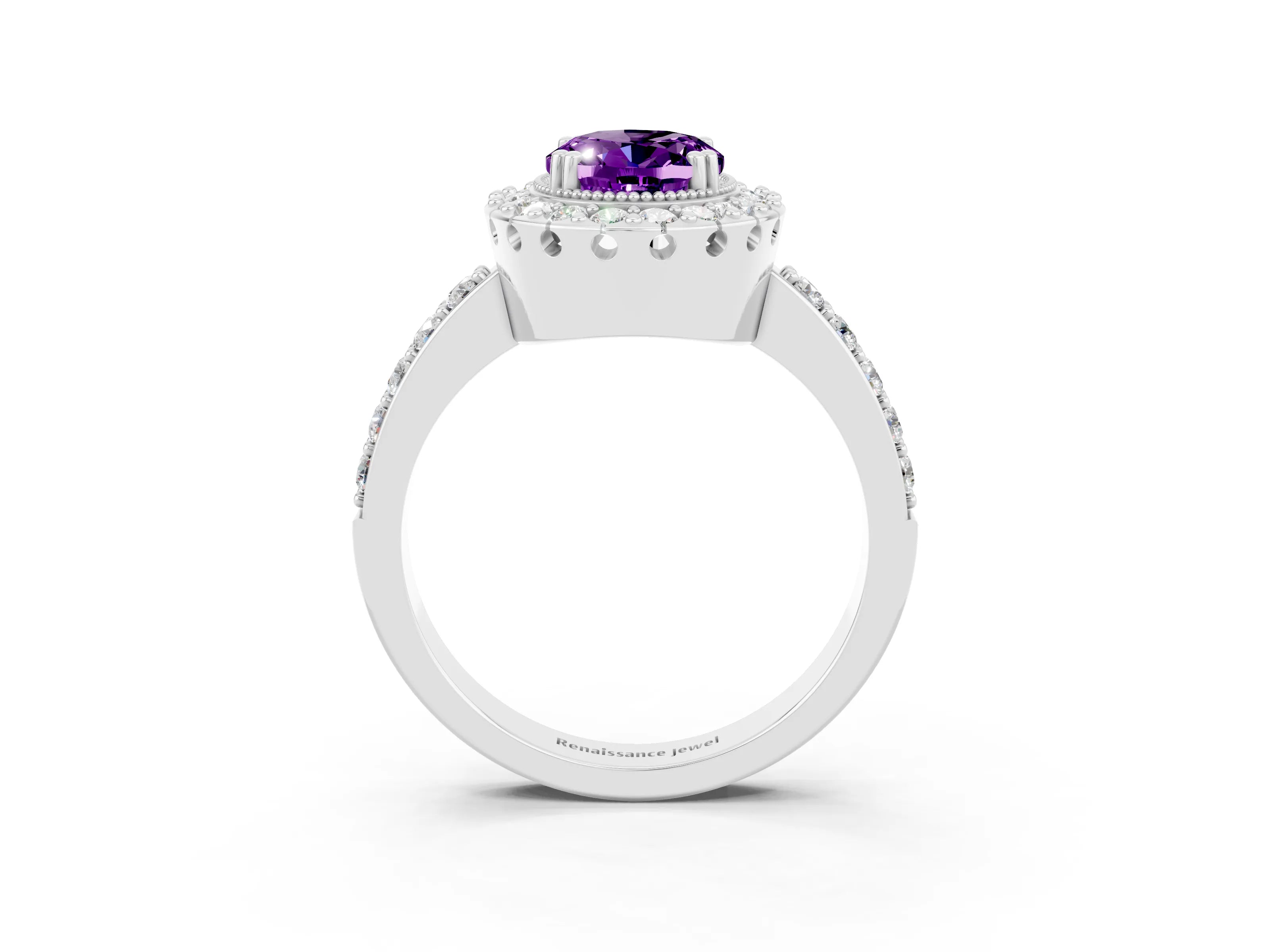 White gold Oval Cut Diamond Halo Ring with Pavé Band and Prong Setting_3
