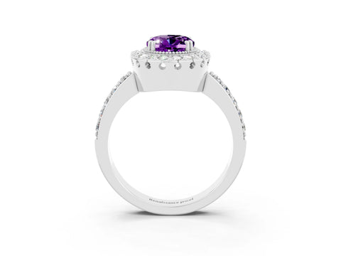 White gold Oval Cut Diamond Halo Ring with Pavé Band and Prong Setting_3