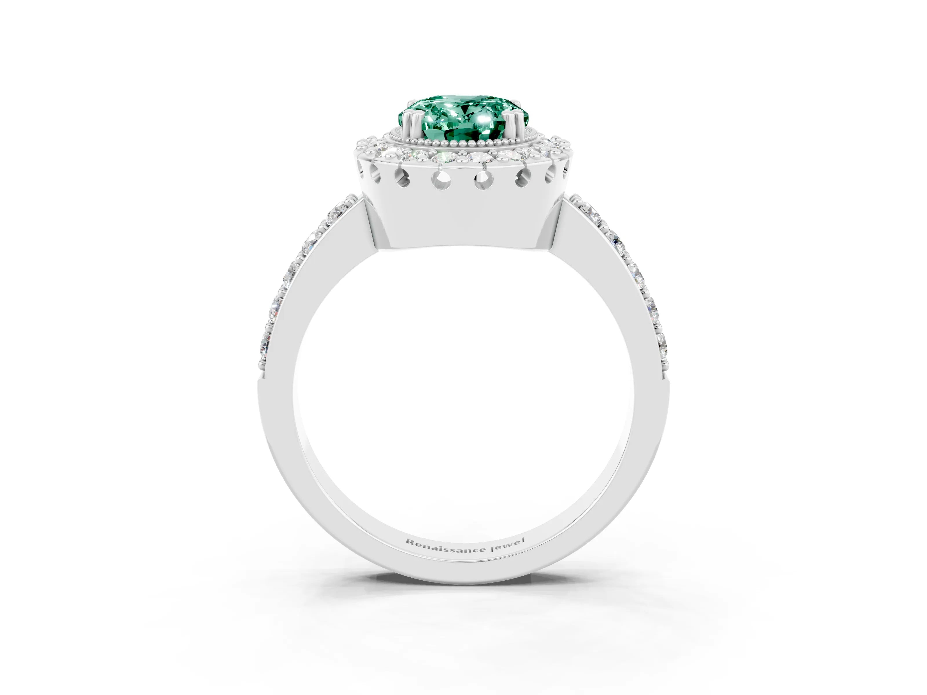 White gold Oval Cut Diamond Halo Ring with Pavé Band and Prong Setting_3