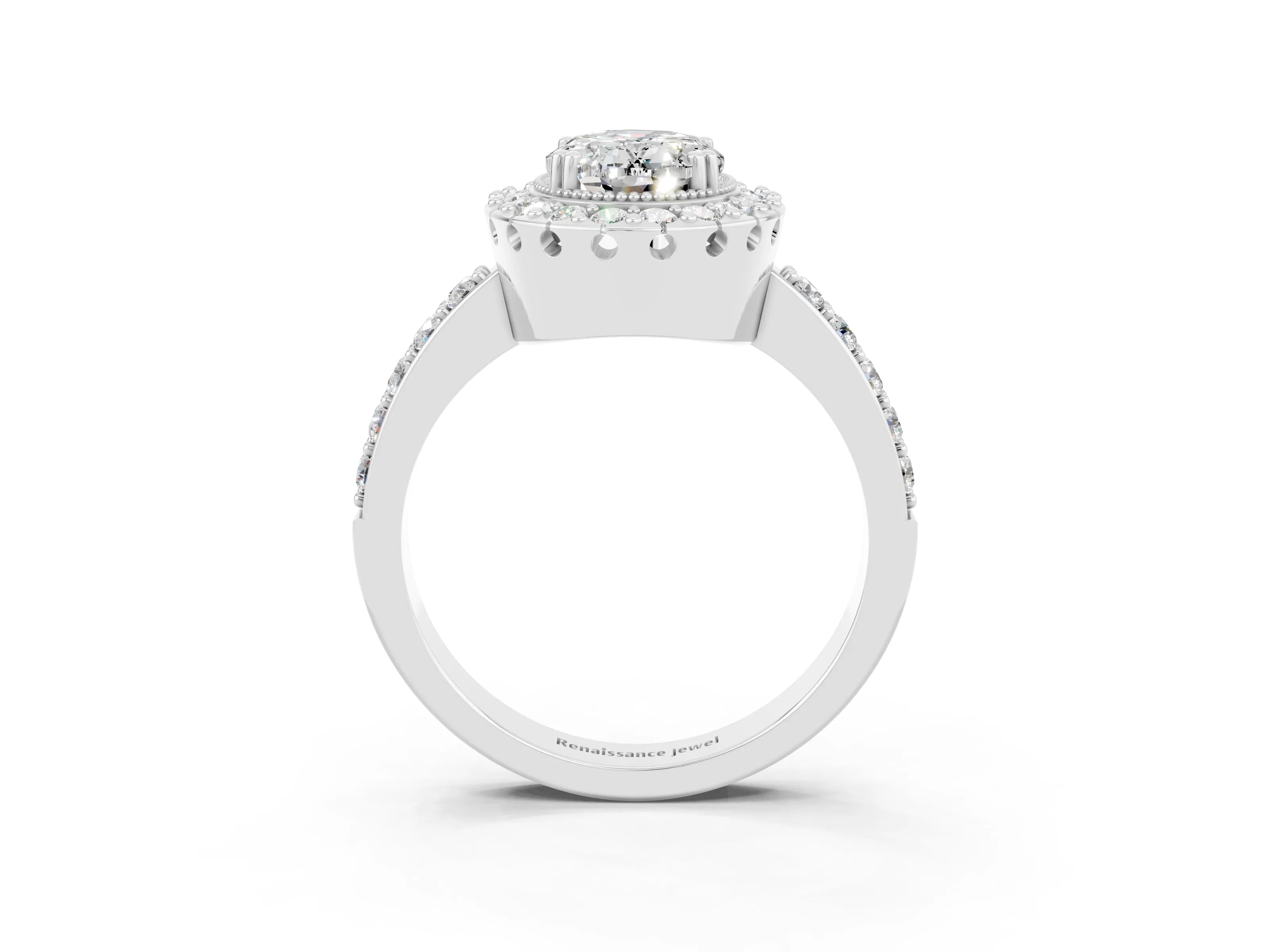 White gold Oval Cut Diamond Halo Ring with Pavé Band and Prong Setting_3