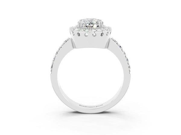 Silver Oval Cut Moissanite Halo Ring with Pavé Band and Prong Setting
