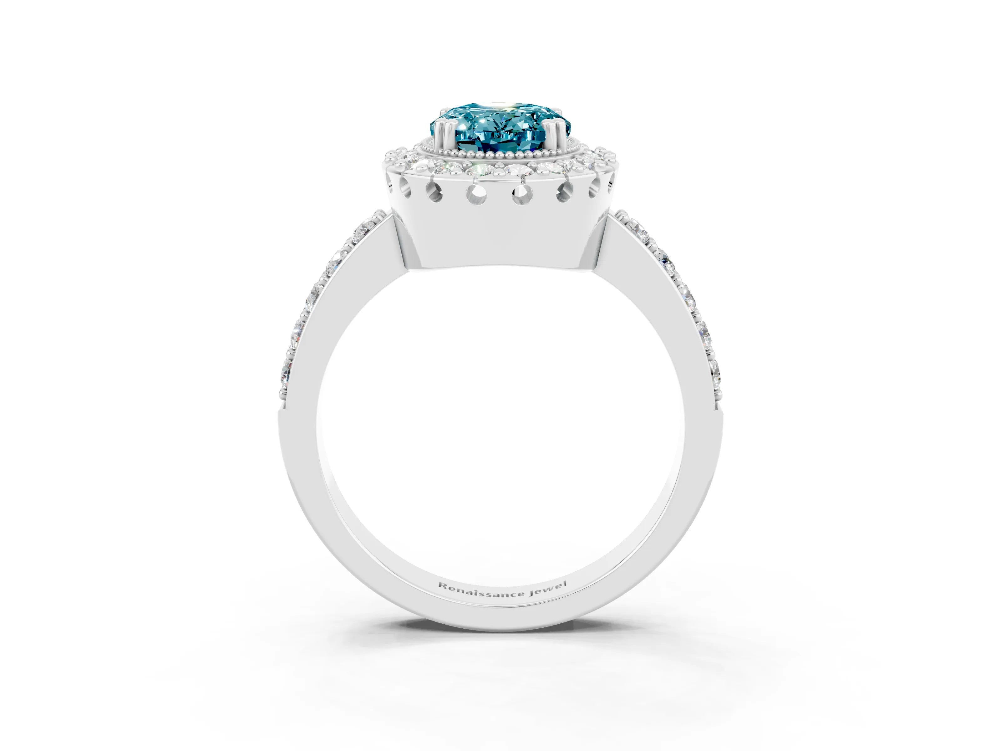 White gold Oval Cut Diamond Halo Ring with Pavé Band and Prong Setting_3
