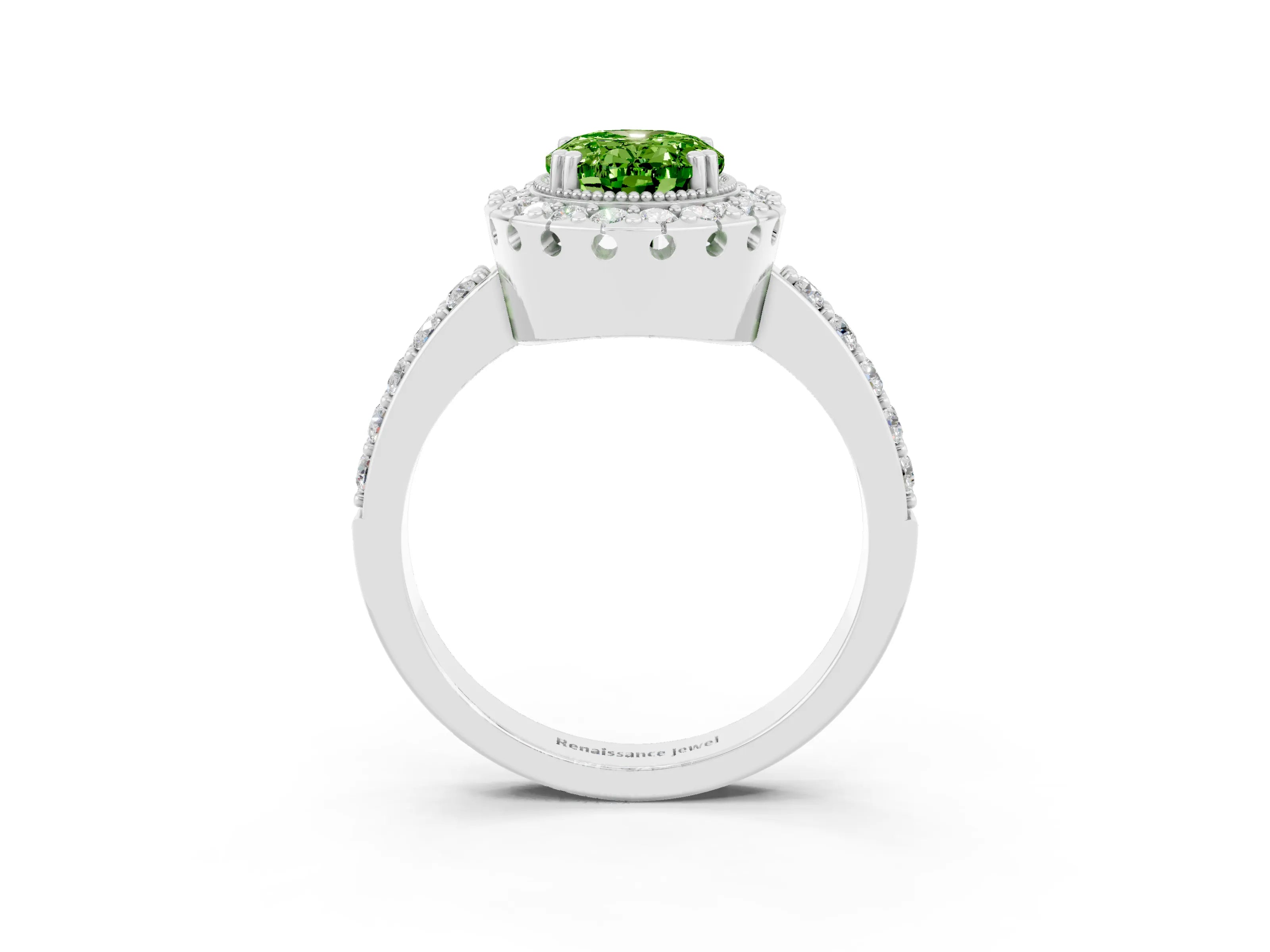 White gold Oval Cut Diamond Halo Ring with Pavé Band and Prong Setting_3