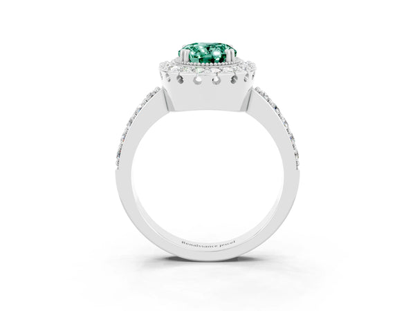 Platinum Oval Cut Green Sapphire Halo Ring with Pavé Band and Prong Setting