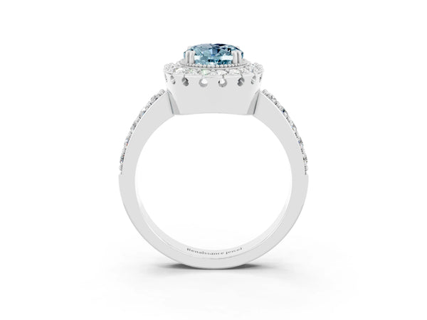 Platinum Oval Cut Aquamarine Halo Ring with Pavé Band and Prong Setting