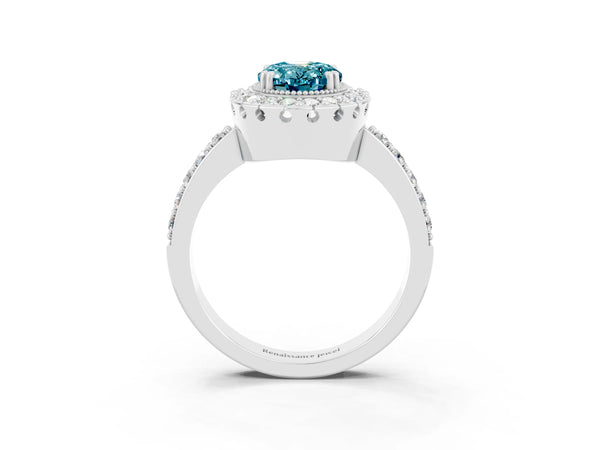 White gold Oval Cut Blue Topaz Halo Ring with Pavé Band and Prong Setting