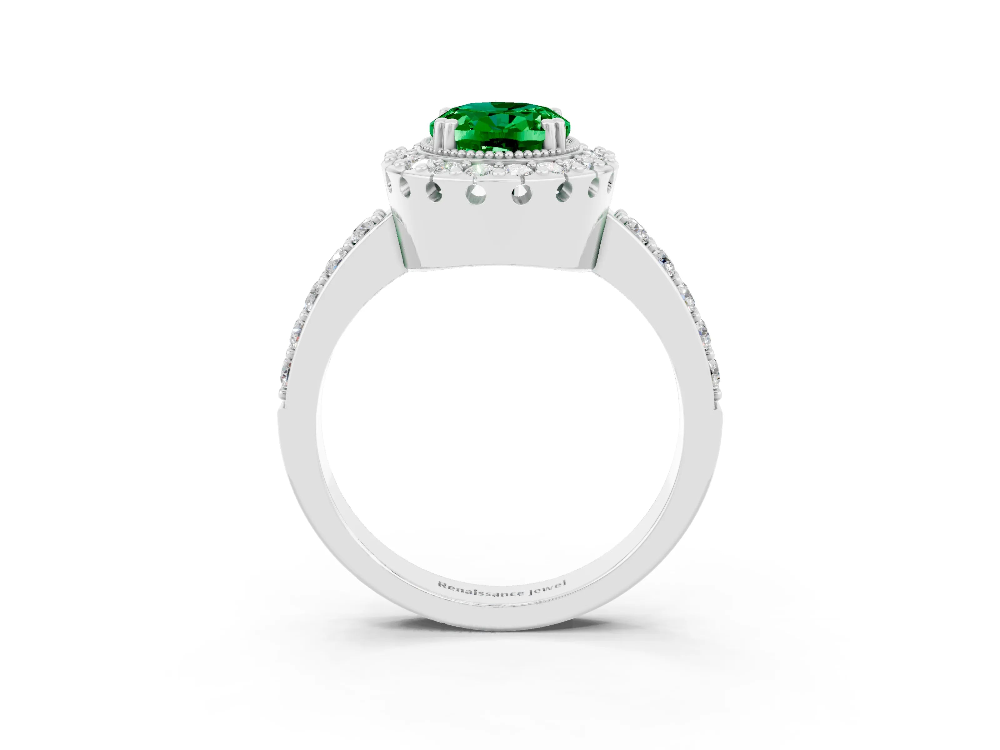 White gold Oval Cut Diamond Halo Ring with Pavé Band and Prong Setting_3