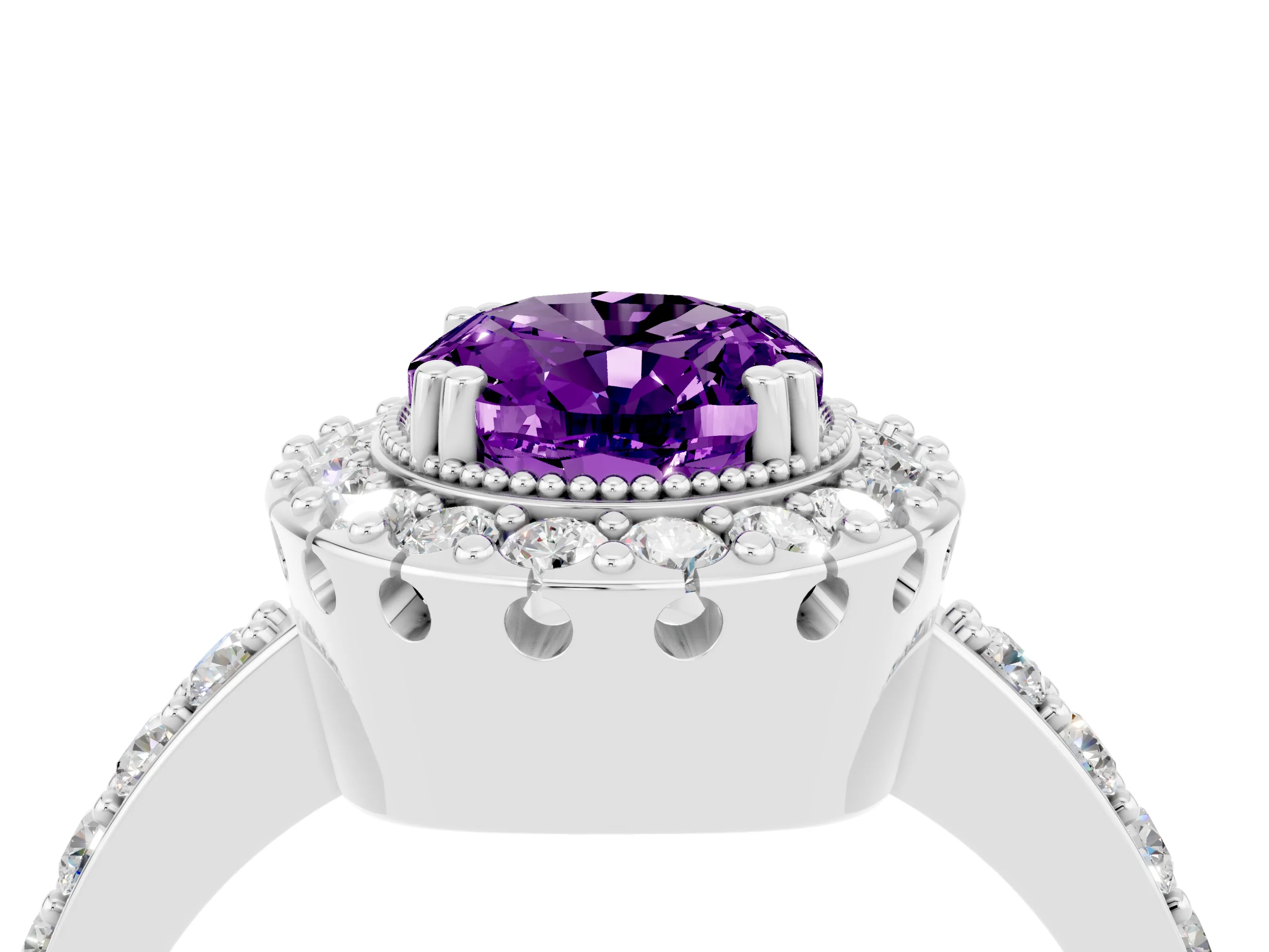 White gold Oval Cut Diamond Halo Ring with Pavé Band and Prong Setting_4