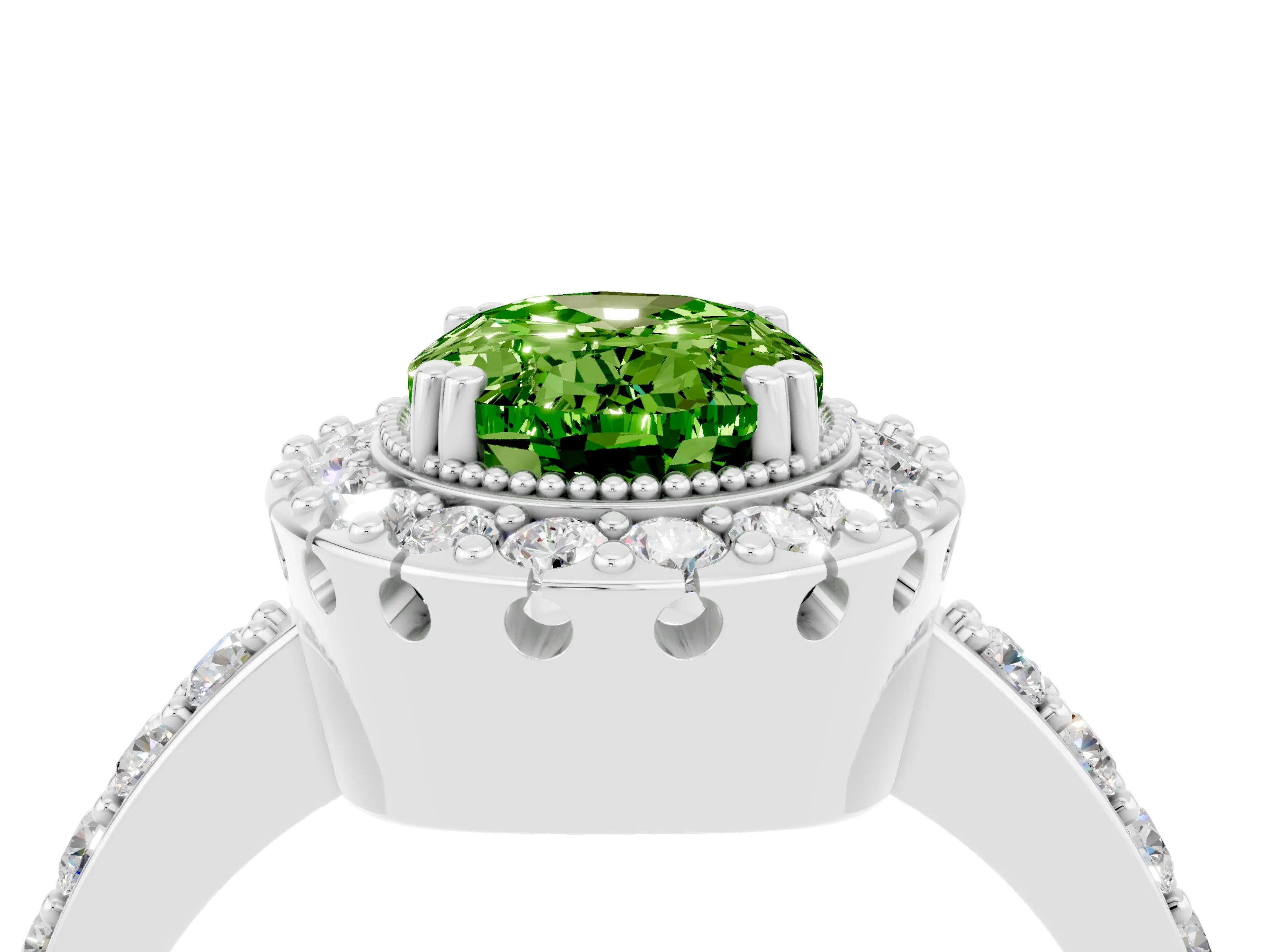 White gold Oval Cut Diamond Halo Ring with Pavé Band and Prong Setting_4