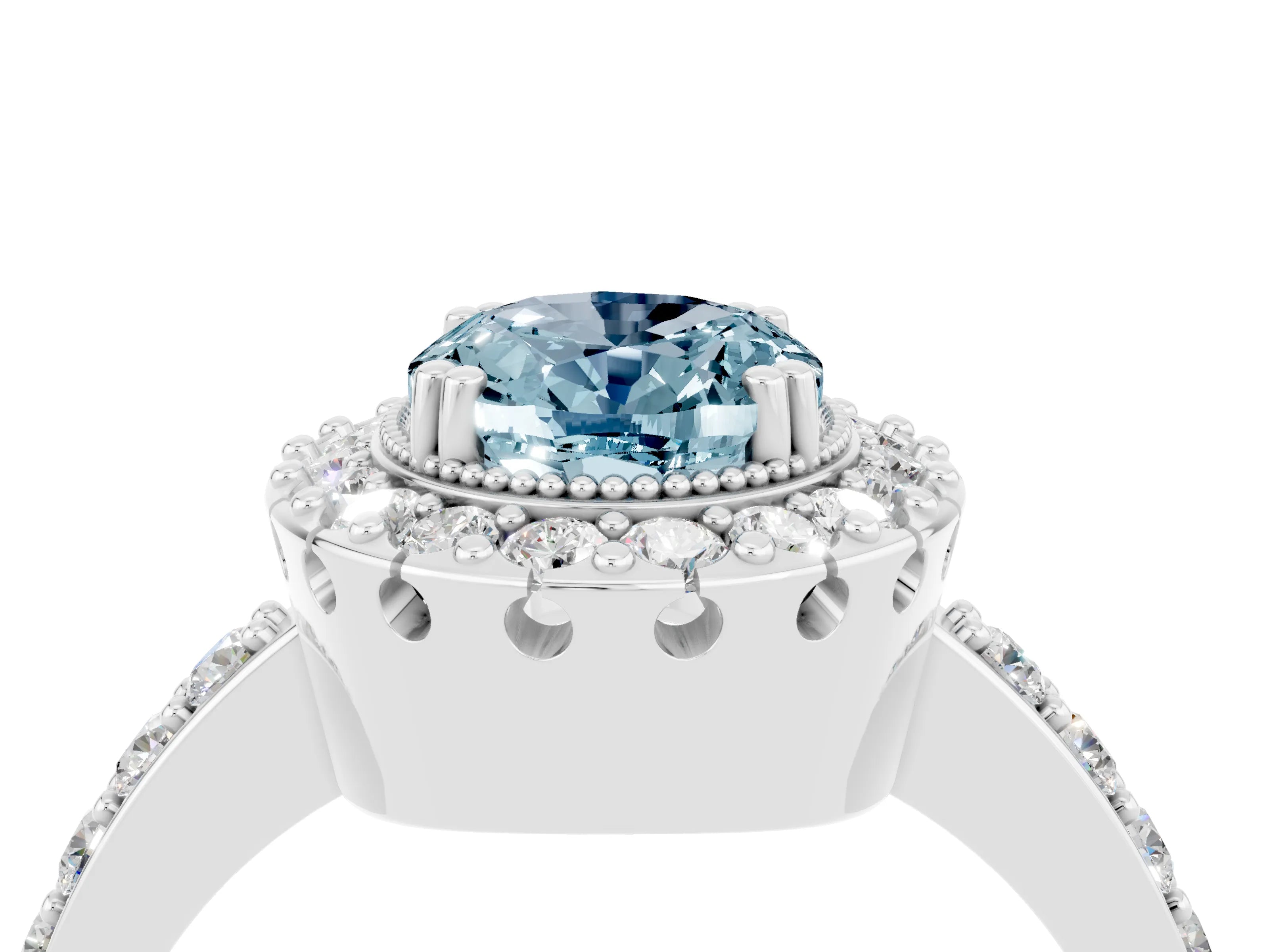 White gold Oval Cut Diamond Halo Ring with Pavé Band and Prong Setting_4