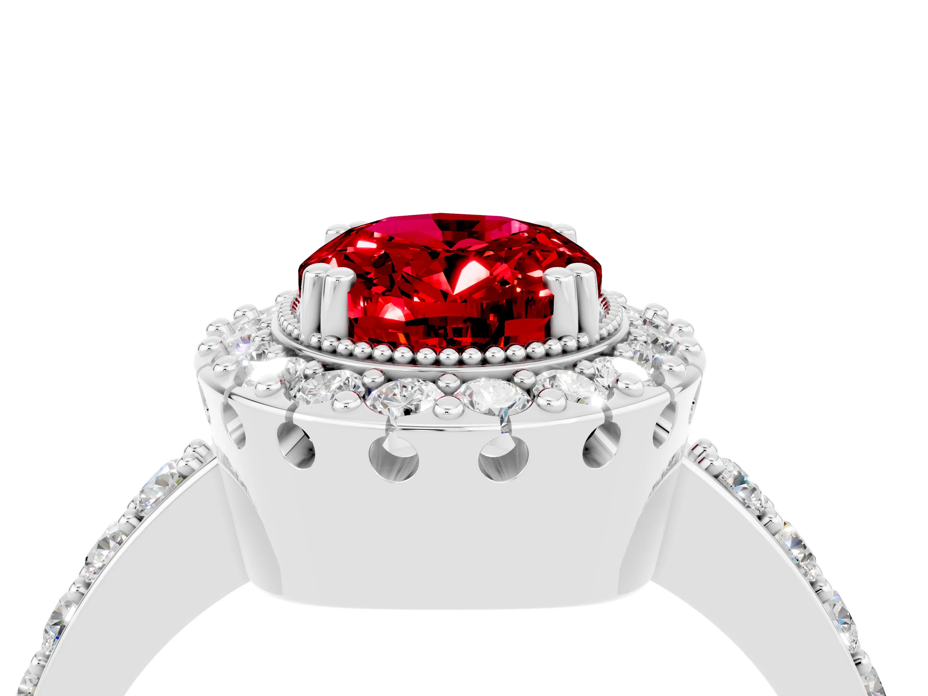 White gold Oval Cut Diamond Halo Ring with Pavé Band and Prong Setting_4
