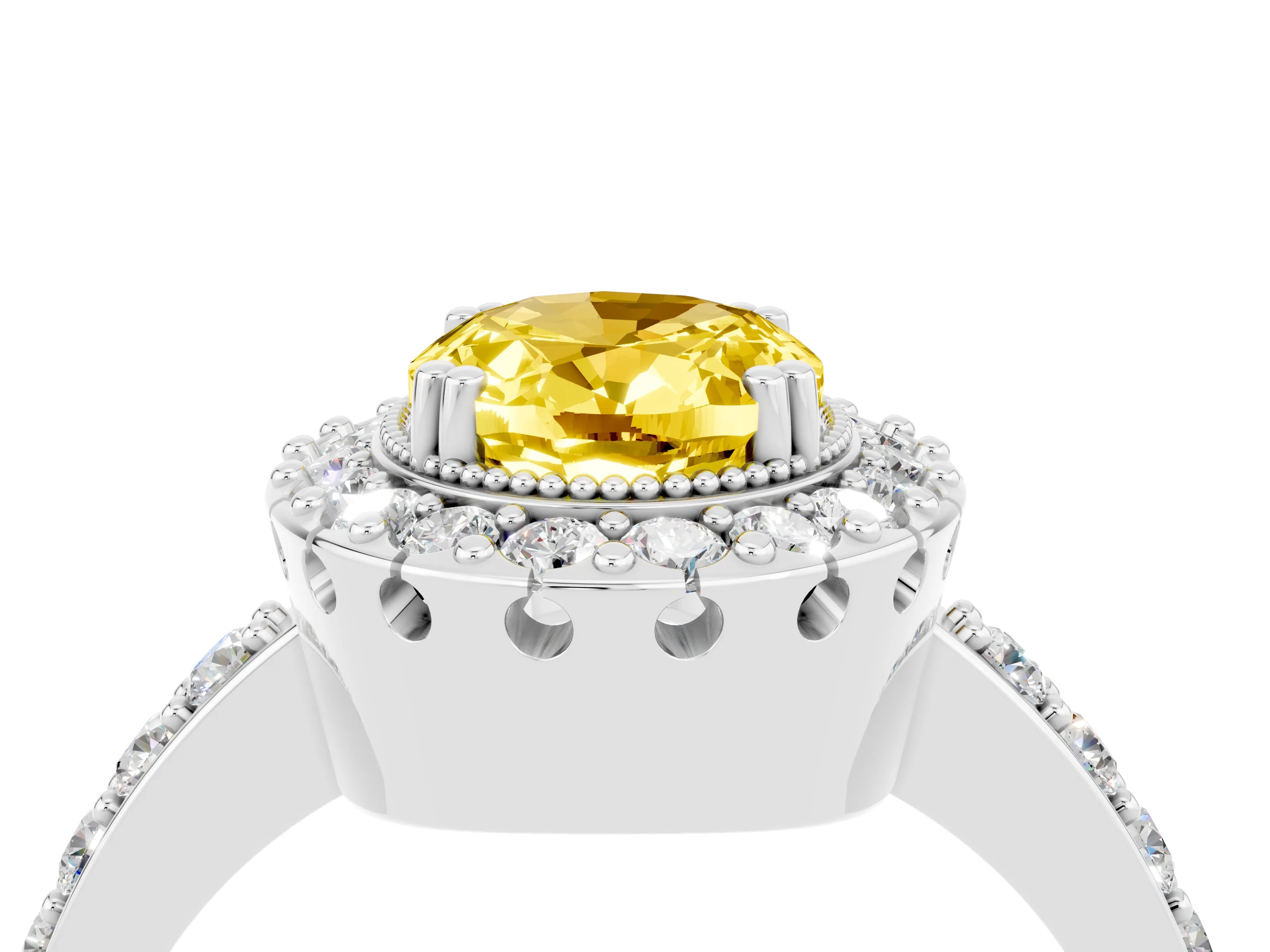 White gold Oval Cut Diamond Halo Ring with Pavé Band and Prong Setting_4