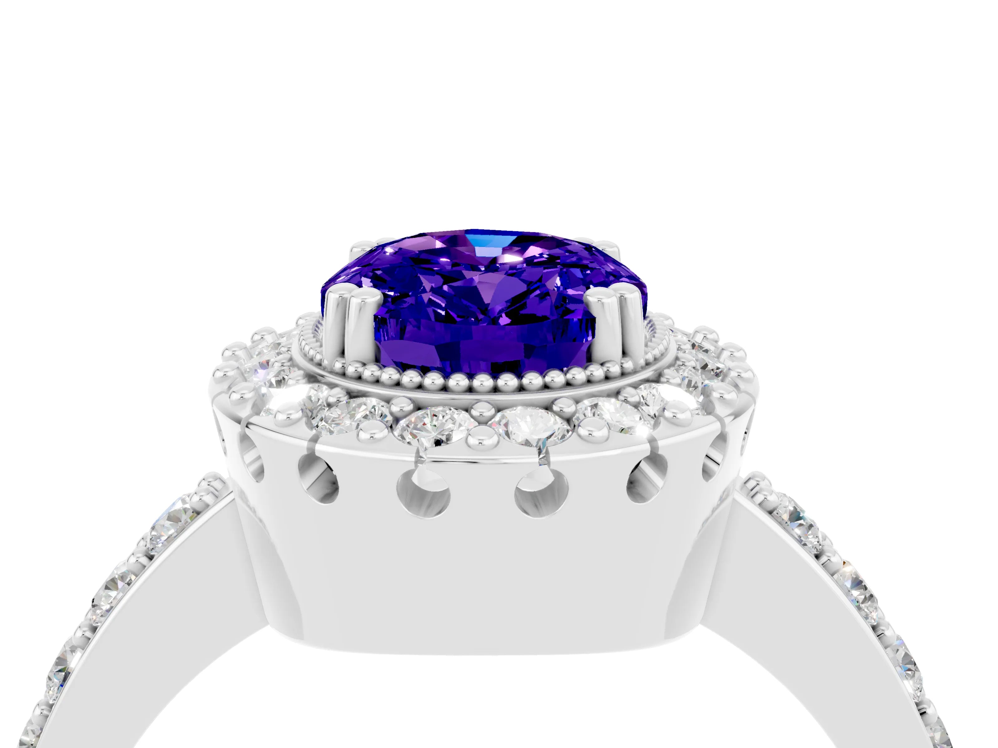 White gold Oval Cut Diamond Halo Ring with Pavé Band and Prong Setting_4