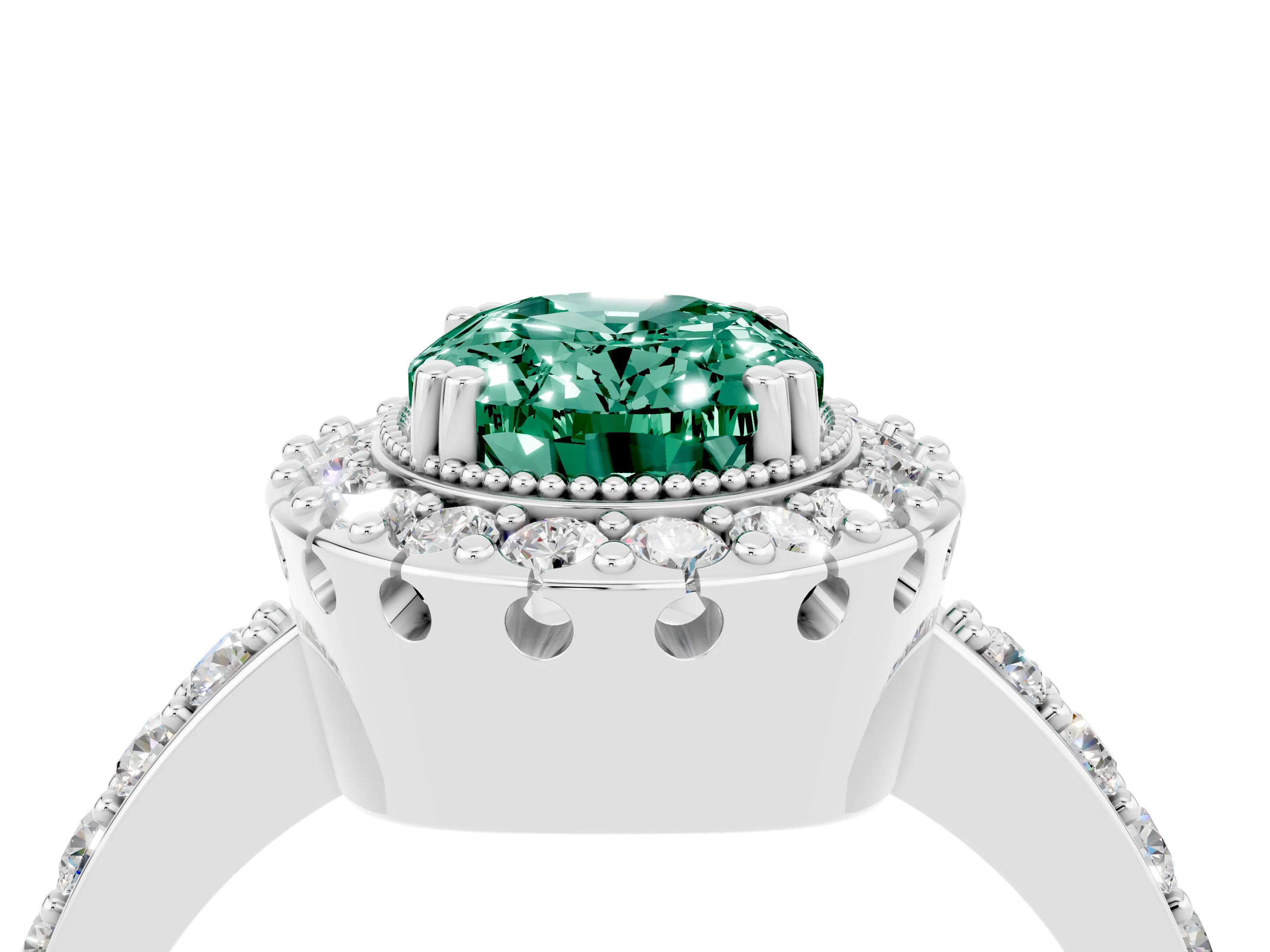 White gold Oval Cut Diamond Halo Ring with Pavé Band and Prong Setting_4