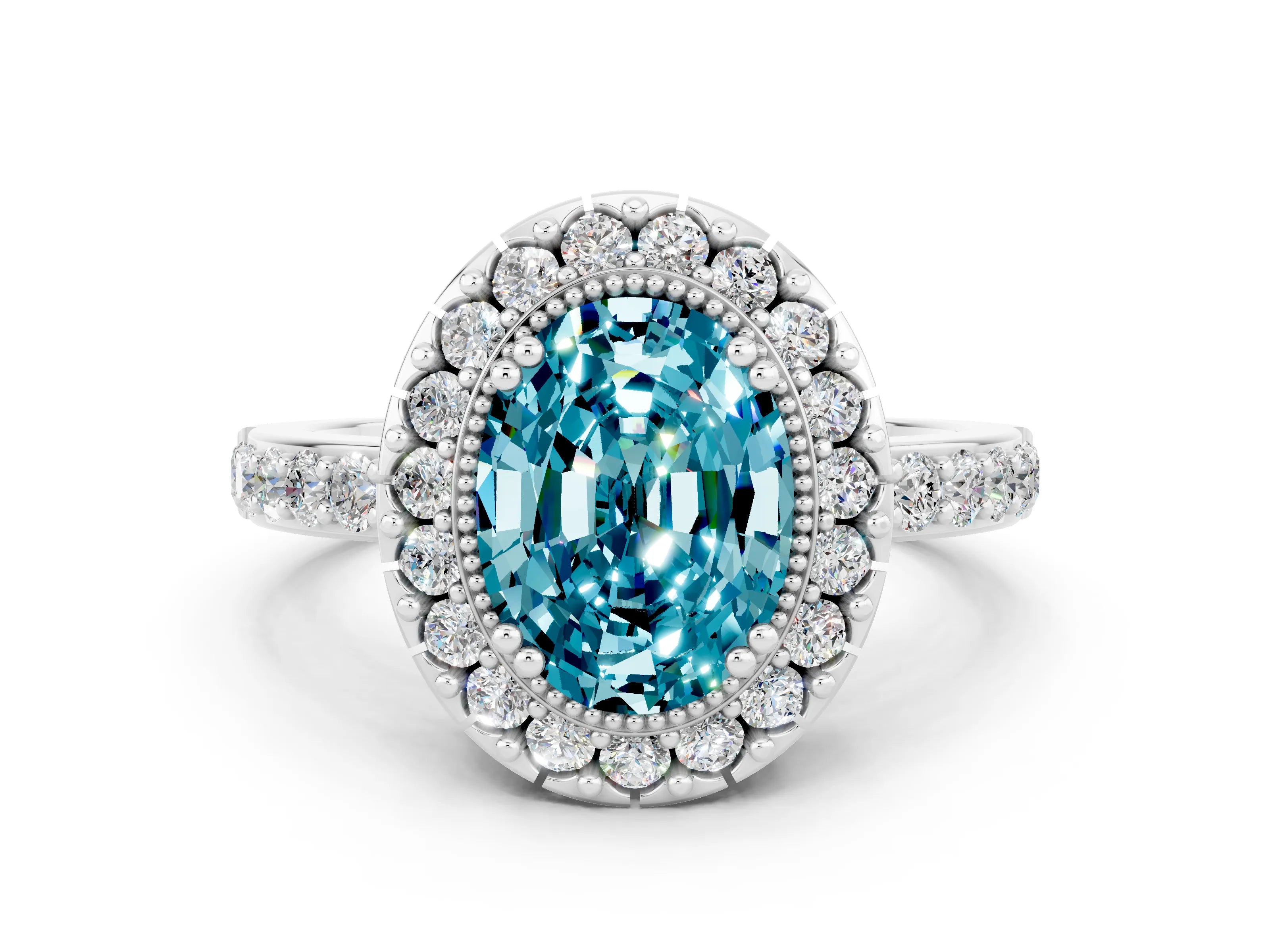 White gold Oval Cut Diamond Halo Ring with Pavé Band and Prong Setting