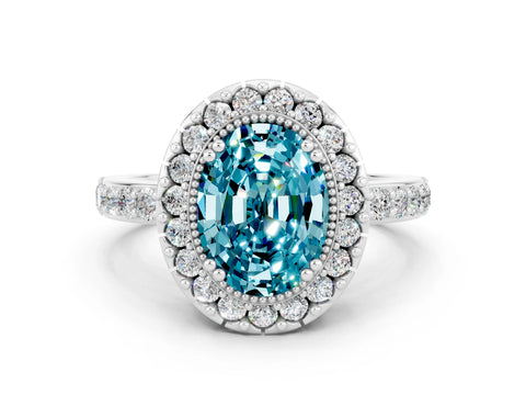 White gold Oval Cut Diamond Halo Ring with Pavé Band and Prong Setting