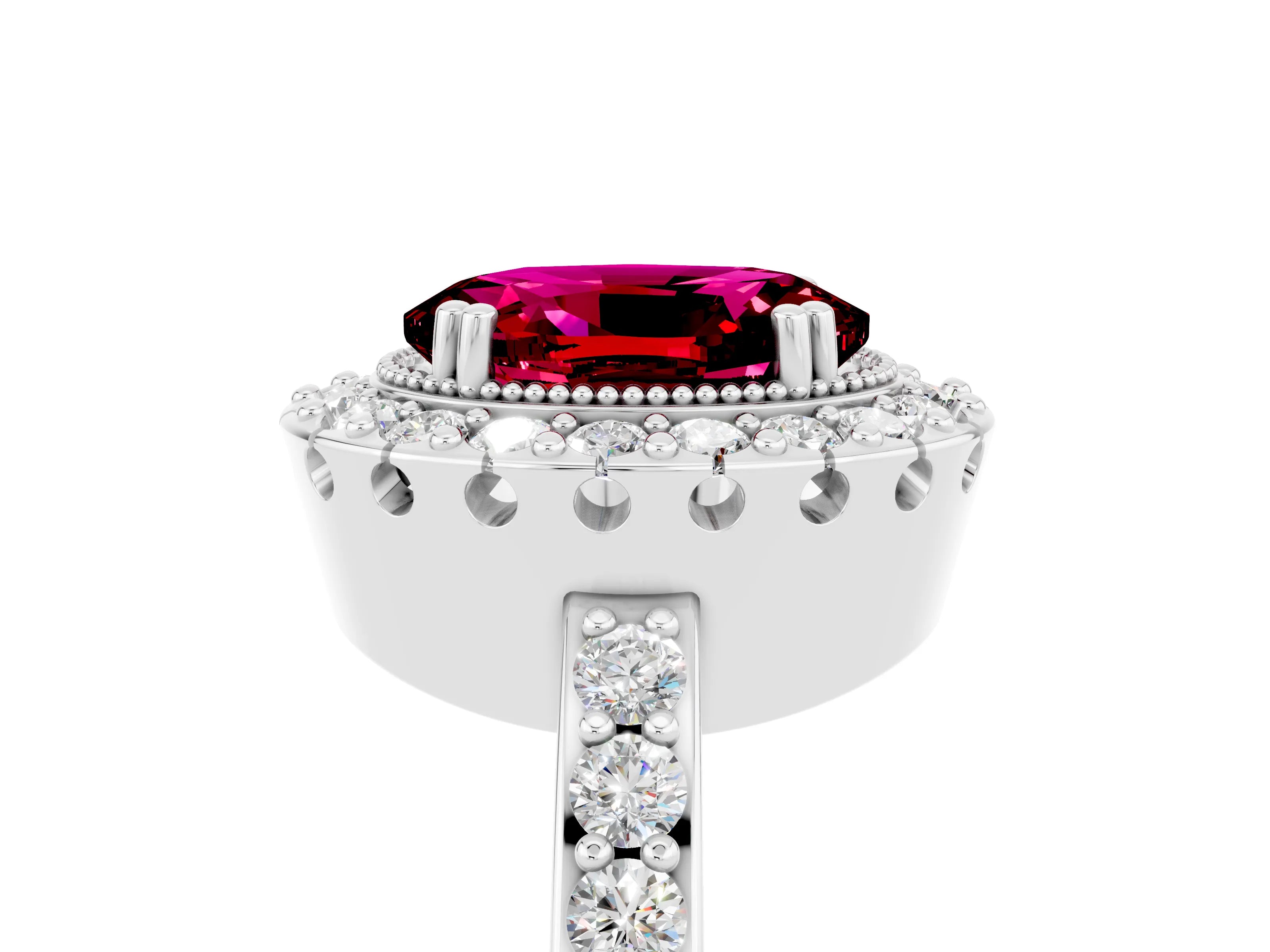 White gold Oval Cut Diamond Halo Ring with Pavé Band and Prong Setting_5