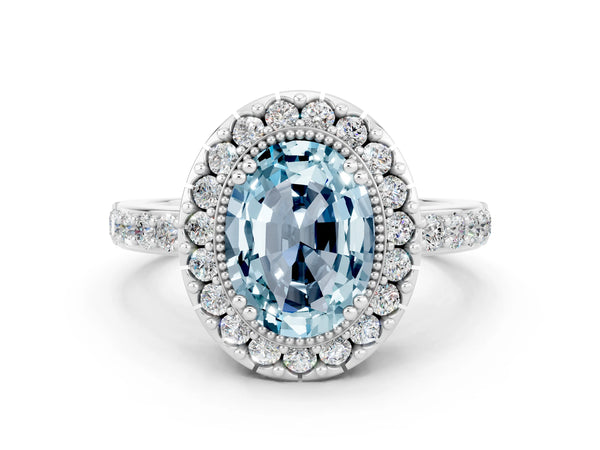 Platinum Oval Cut Aquamarine Halo Ring with Pavé Band and Prong Setting